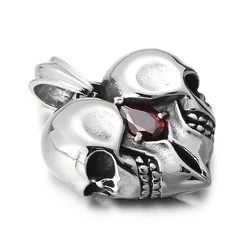 Stainless Steel Love Heart Skull With Red Gemstone Pendant Necklace