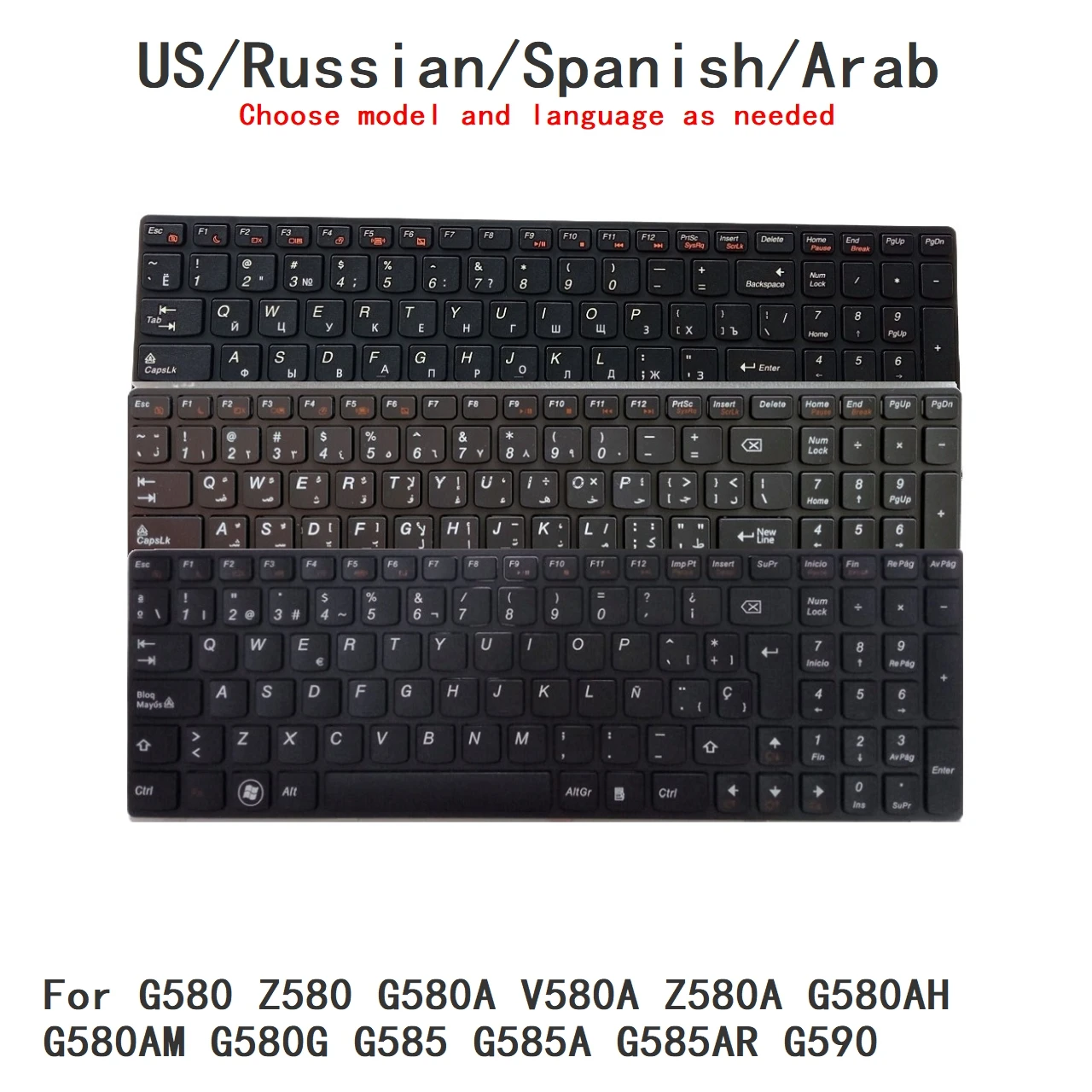 New US Russian Spanish Arab Language  Keyboard For Lenovo G580 Z580 G580A V580A Z580A G580AH G580AM G580G G585 G585A G585AR G590