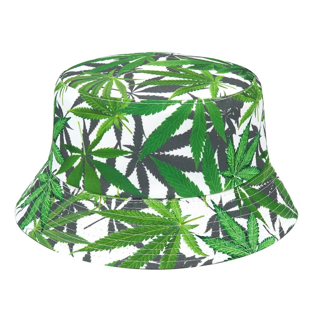 2022 Green Maple Leaf Print Bucket Hat Women Men Hip Hop Cap Leaf Panama Hat Sun Flat Top Fisherman Hats Caps Boonie Gift