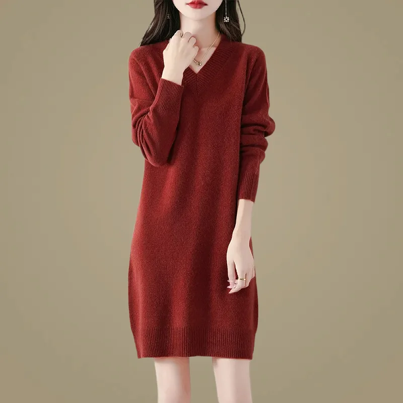 

Autumn Winter New Knitted Sweater Dress Women Fashion Loose Mid-Length Red Base Sweater Dress