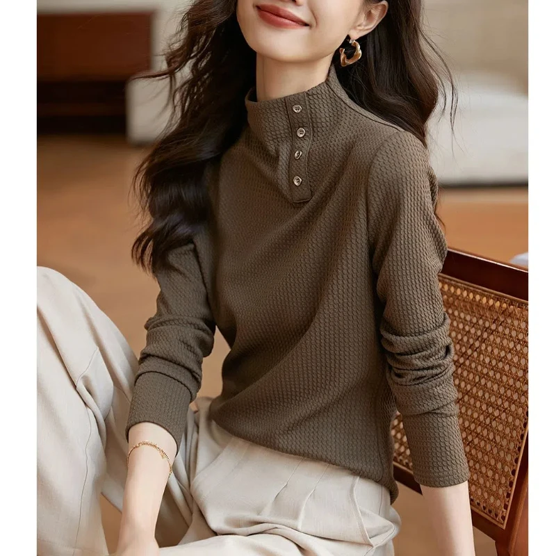 

Темпераментная модная осенняя нижняя рубашка, женская однотонная рубашка с высоким воротником и пуговицами, корейские свободные пуловеры с длинными рукавами, вязаные топы