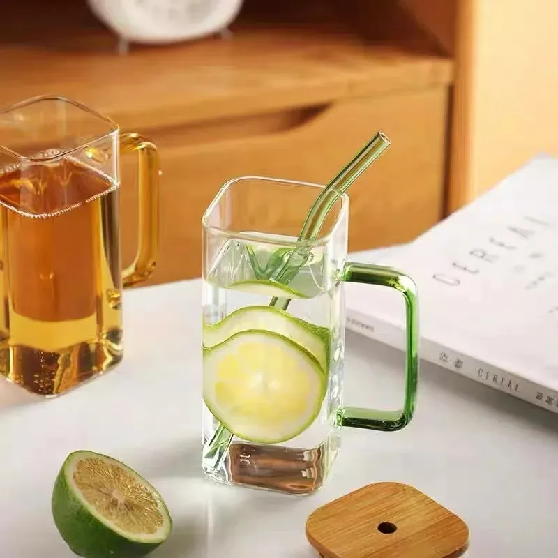 400ML Square Glass Mug With Lid and Straw Breakfast Milk Cup Microwave Safe Transparent Party Beer Coffee Mug Drinkware Glass