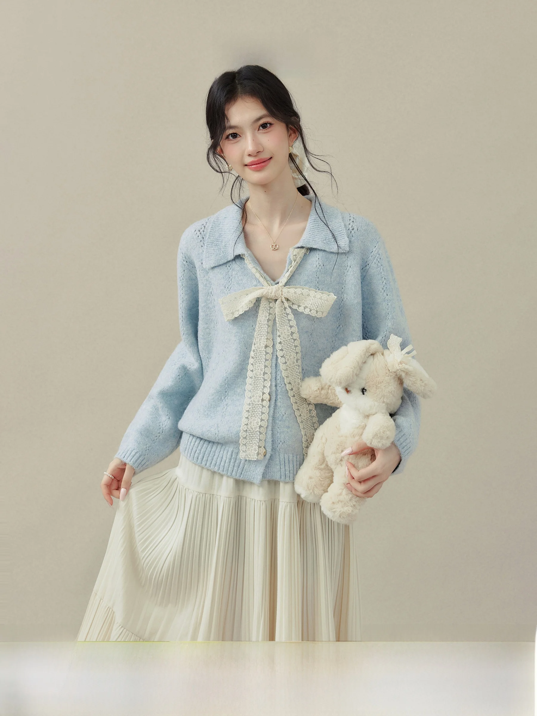 

Ele Blue Knitted Sweater with Lace Splicing V-ne Knot Spring Top Women's Faion Online Exclusive Long Sve