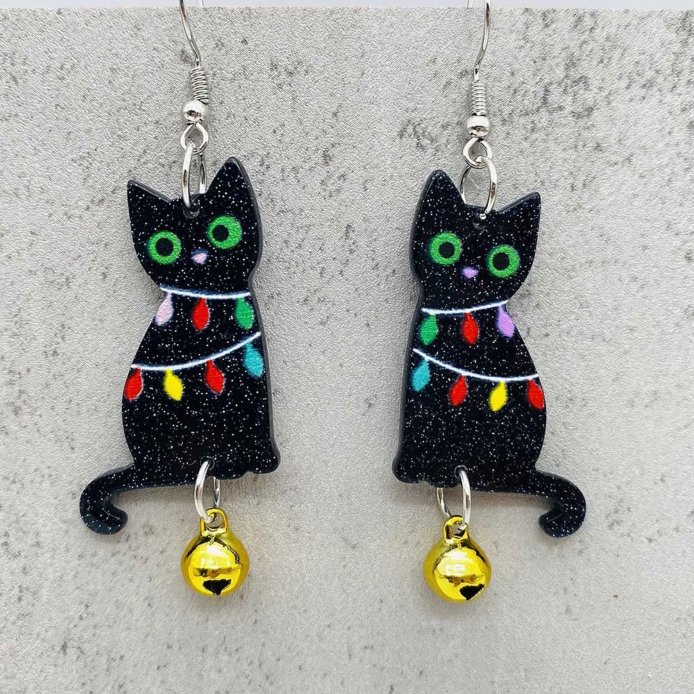 Pendientes de Navidad de cinco estrellas puntiagudas, luces de árbol de Navidad, campanas de gato negro, pendientes acrílicos, regalos de decoración navideña, nuevos