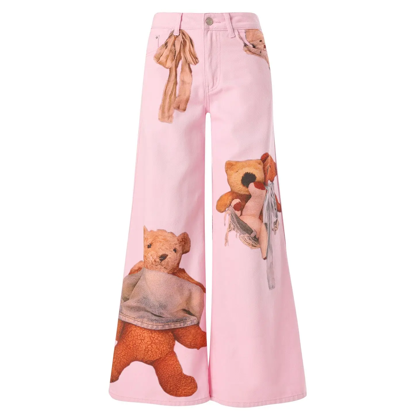 

CHICATWILL Summer New Fashion Lady Straight Denim Jeans Women Pink Cute 3D Bear Printed Wide Leg Pants Girls Trendy Trousers