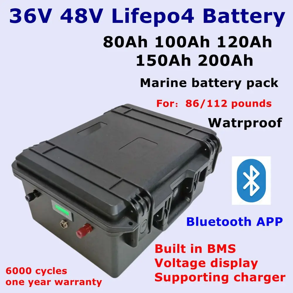 

Аккумулятор Marine Lifepo4 36 В, 100 Ач, 200 Ач, 48 В, 100 Ач, 150 Ач, с Bluetooth, для лодочного двигателя с пропеллером 86/112 фунтов. + Зарядное устройство