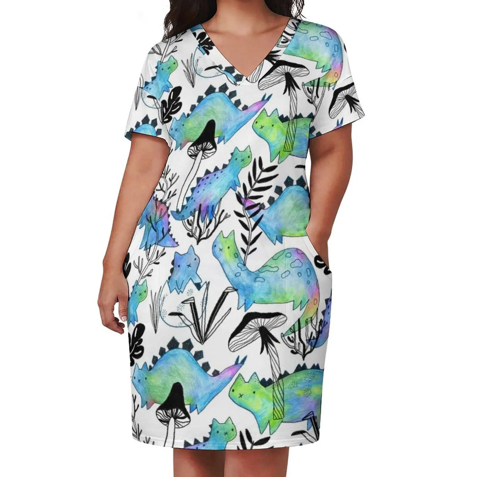 연필 고사우루스와 식물. 재미있는 디노 고양이와 버섯. 느슨한 포켓 드레스 웨딩 게스트 드레스 2025 드레스 여성