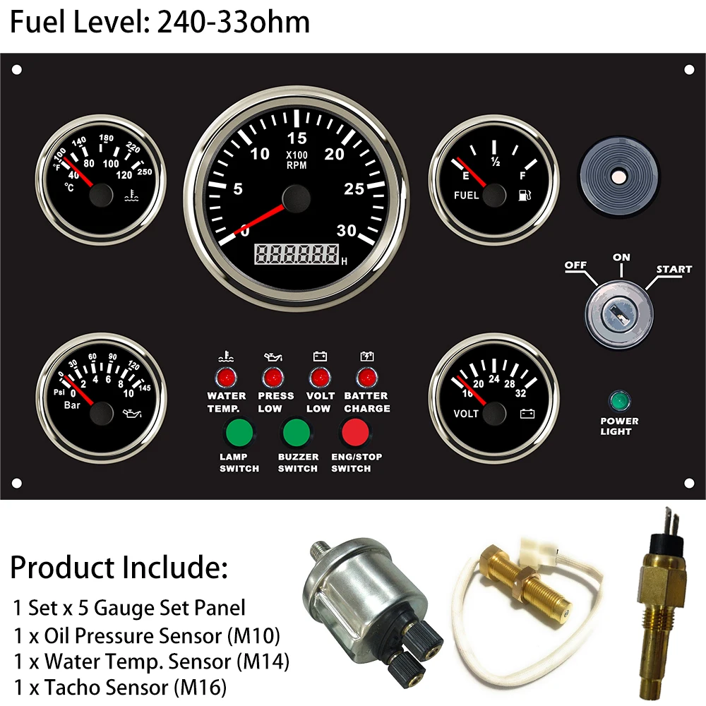 

Newest 5 Gauge Set Instrument Panel with 3000RPM Tachometer Fuel Level Water Temp. Oil Pressure Voltmeter 300*190 mm 12V or 24V