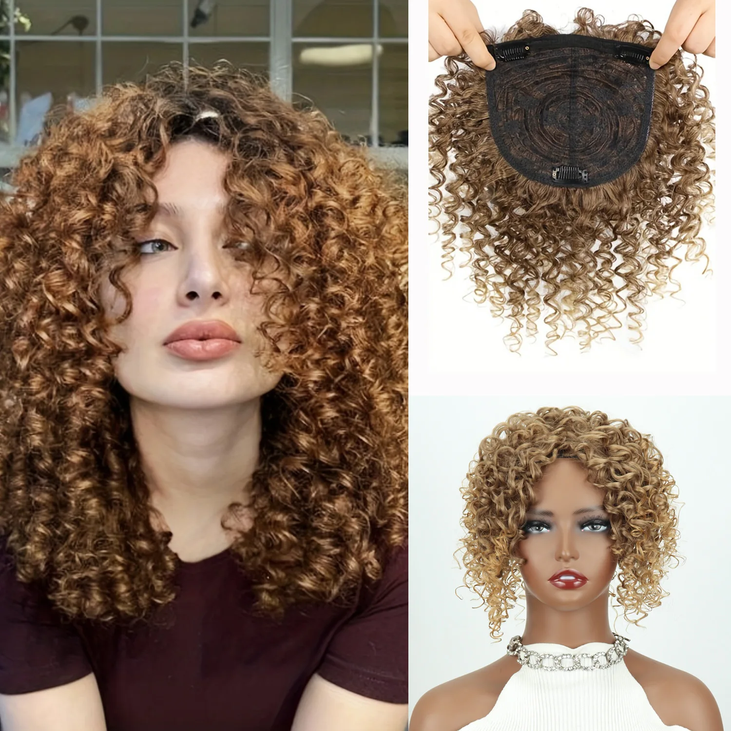 8 Zoll flauschige, natürliche Afro-Kinky-Curly-Kurzhaar-Toupets, Clip-on-Haarteile aus Kunsthaar für Frauen mit dünnem Haar