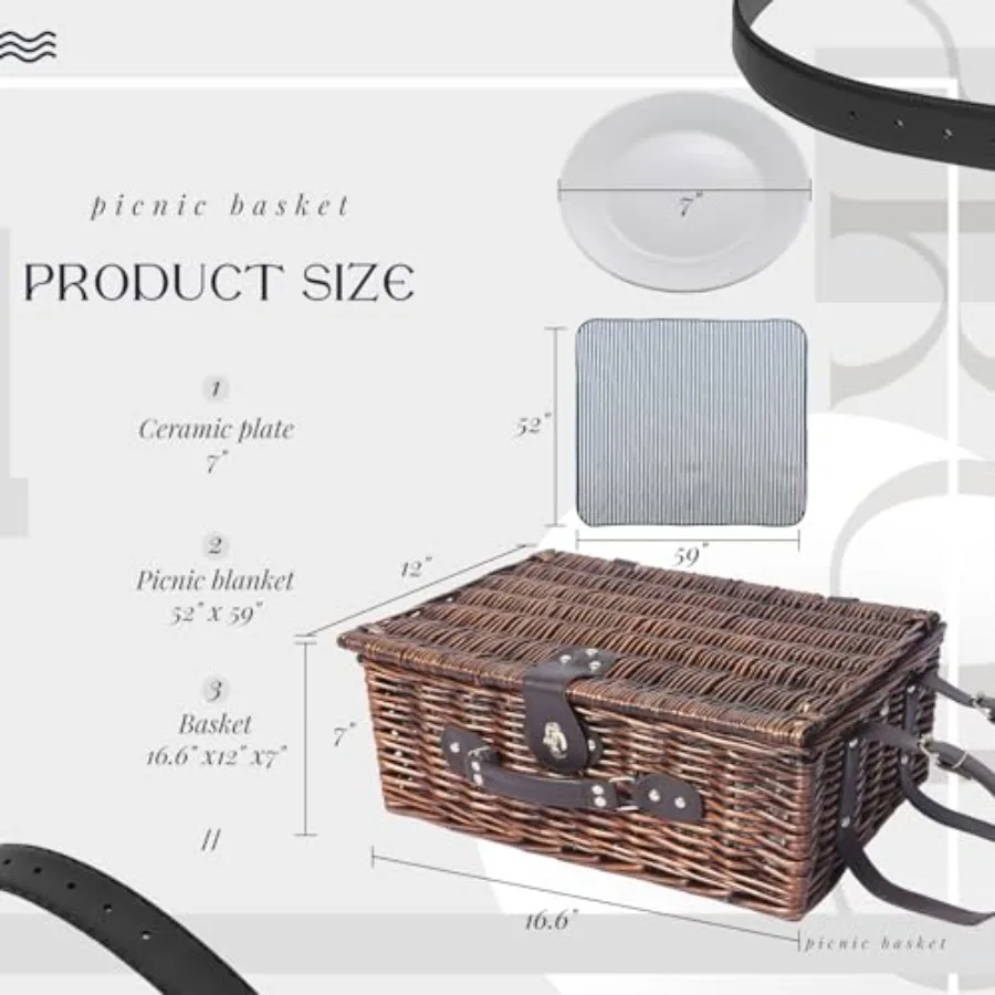 Picnic Basket Set for 4 with Waterproof Blanket Mat Insulation Bag Wicker Navy Blue Vintage Classic Gift for Christmas Thanksgi view 6