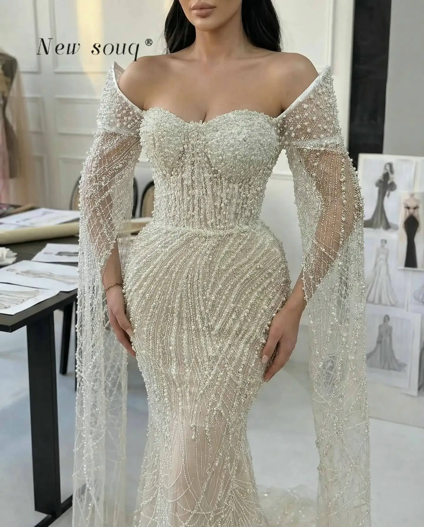 두바이 아랍 스타일 오프숄더 스위트하트 넥 진주 비즈 장식 머메이드 이브닝 드레스 맞춤형 정장 웨딩 리셉션 파티 가운