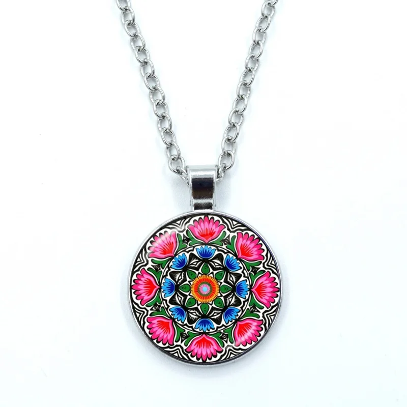 Polish Folk Flowers Art Necklace Glass Cabochon Photo Pendant Necklace For Men's And Women's Necklaces Jewelry Gift