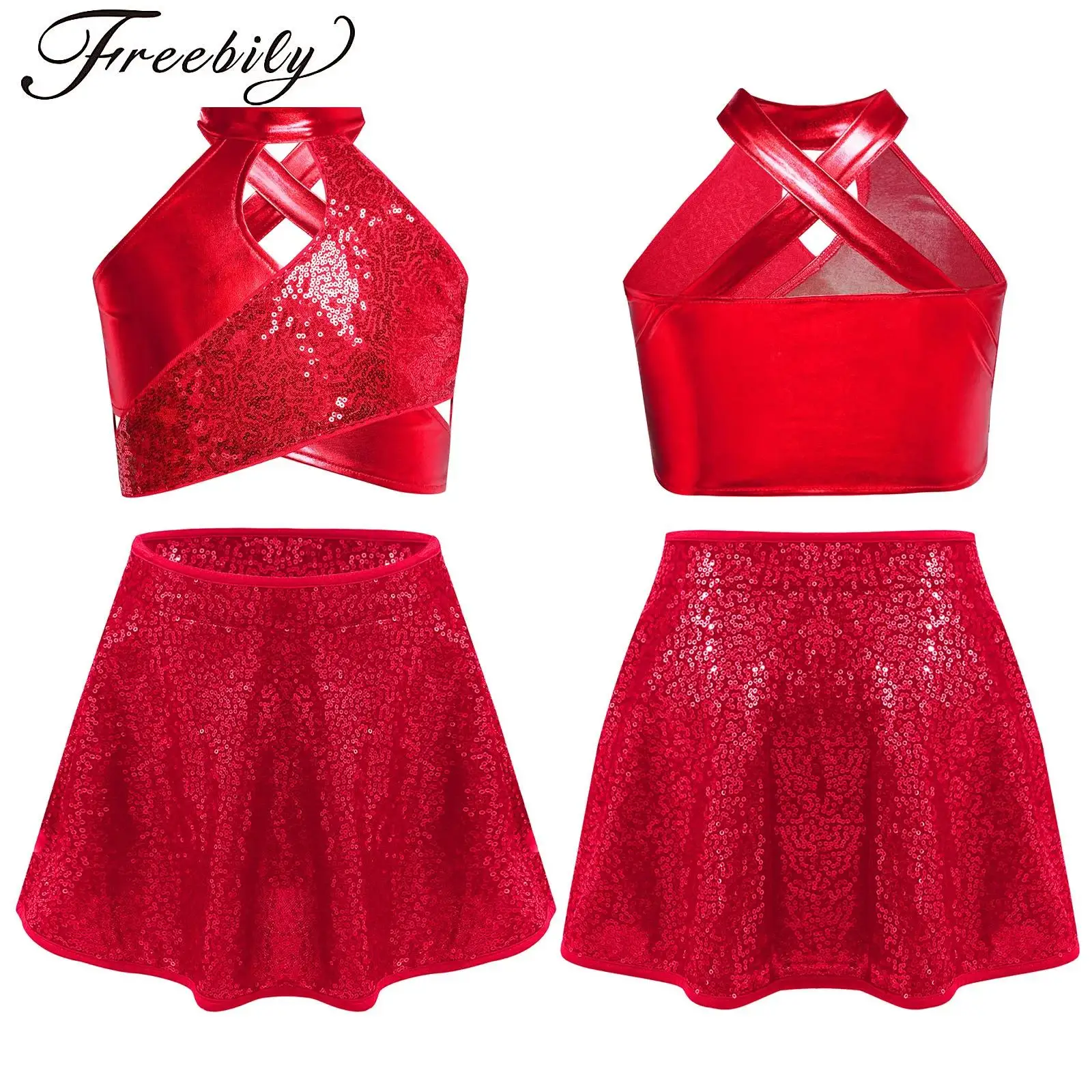 

Girls Jazz Cross Keyhole Sparkly Bodysuit Latin Dance Costume Sequins Metallic Crop Top Sequined Skirt Stage Performance Suit