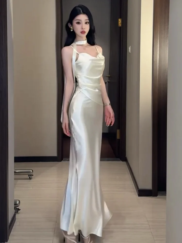 Vestido de cumpleaños de satén de seda Dr Strapl para mujer Verano Ele Sexy Rich Girl Par Dr French Sle Asimétrico...