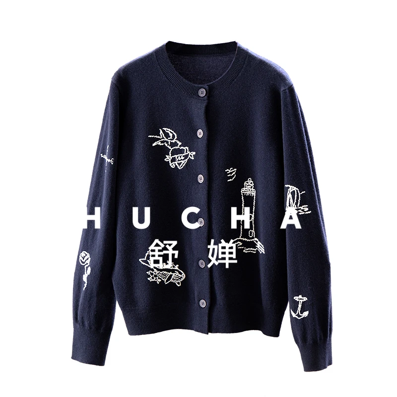 

Теплый роскошный шерстяной свитер с круглым вырезом и вышивкой 100, женский кардиган 44I4, корейский модный женский кардиган