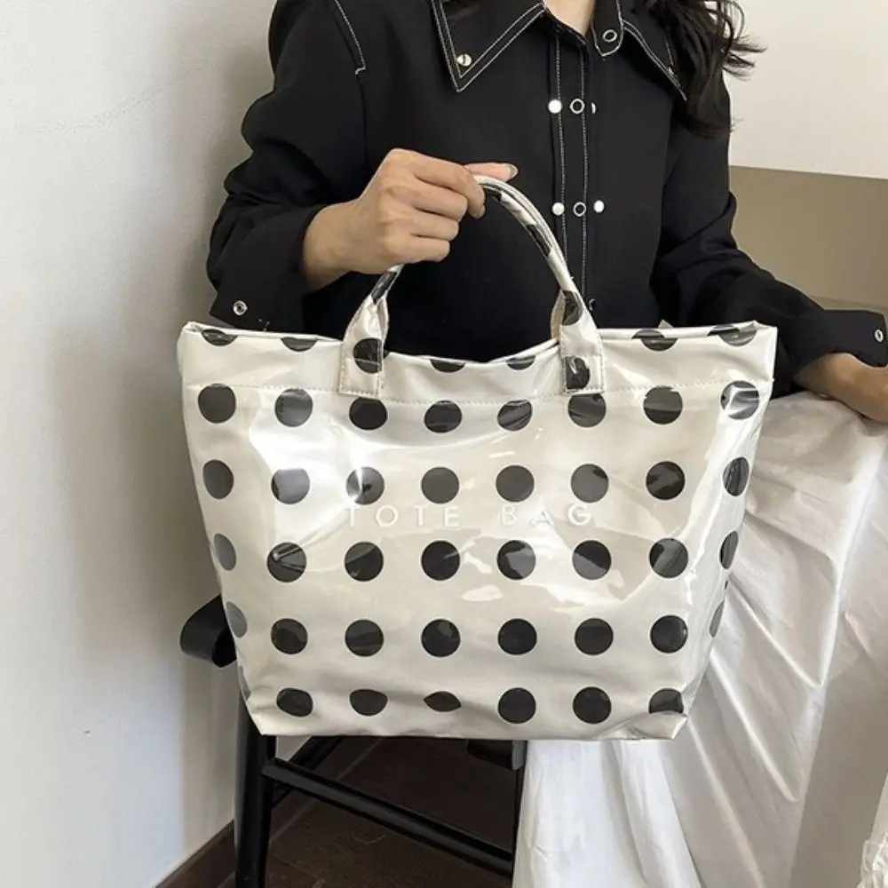 

Creative Waterproof Polka Dot Tote Bag Large-Capacity Soft Multifunctional PVC Handbag Polyester Round Casual Shopping Bag Women