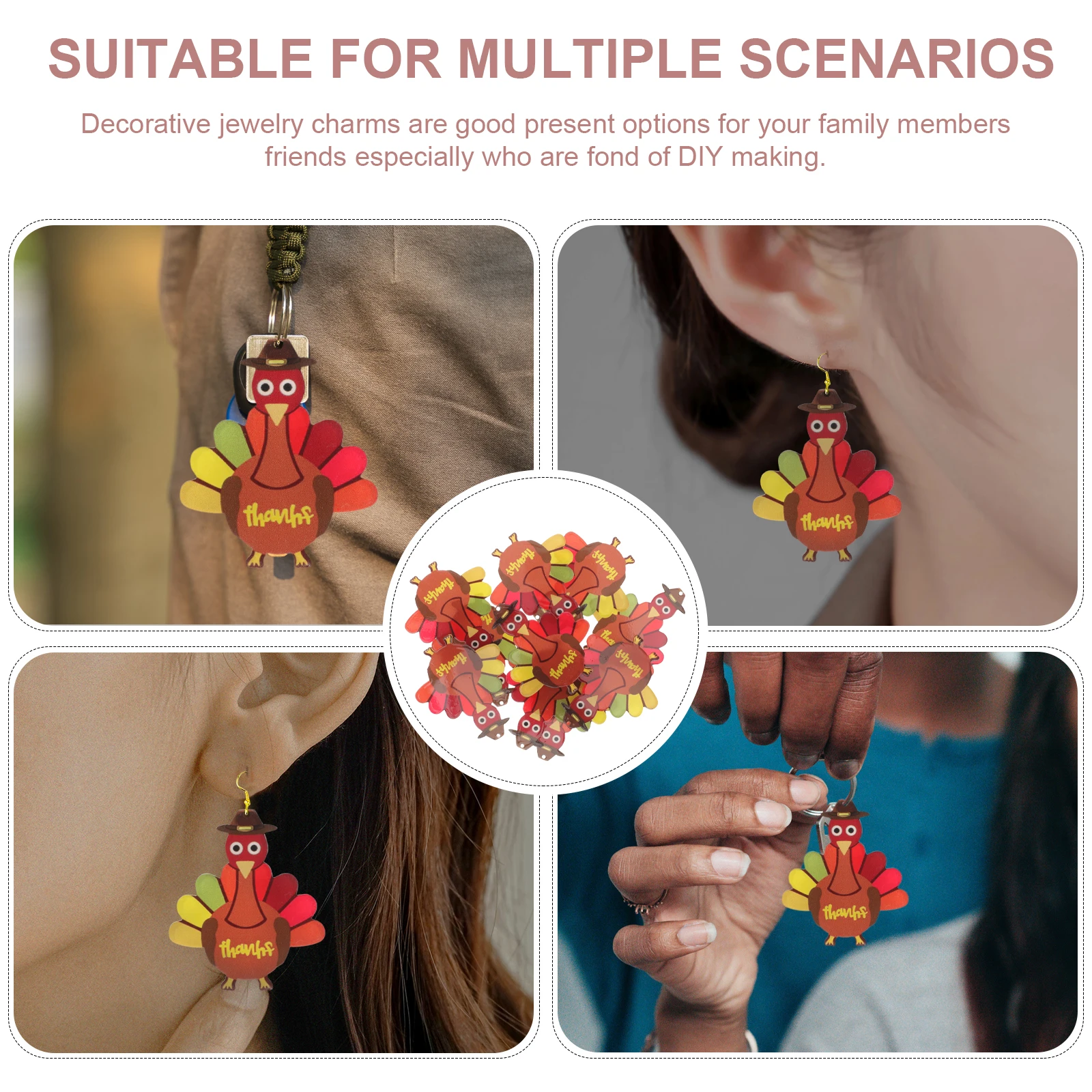 

10pcs Turkey Acrylic Charms for DIY Jewelry Making Thanksgiving Crafts Pendant Necklace Bracelet Keychain Decorative