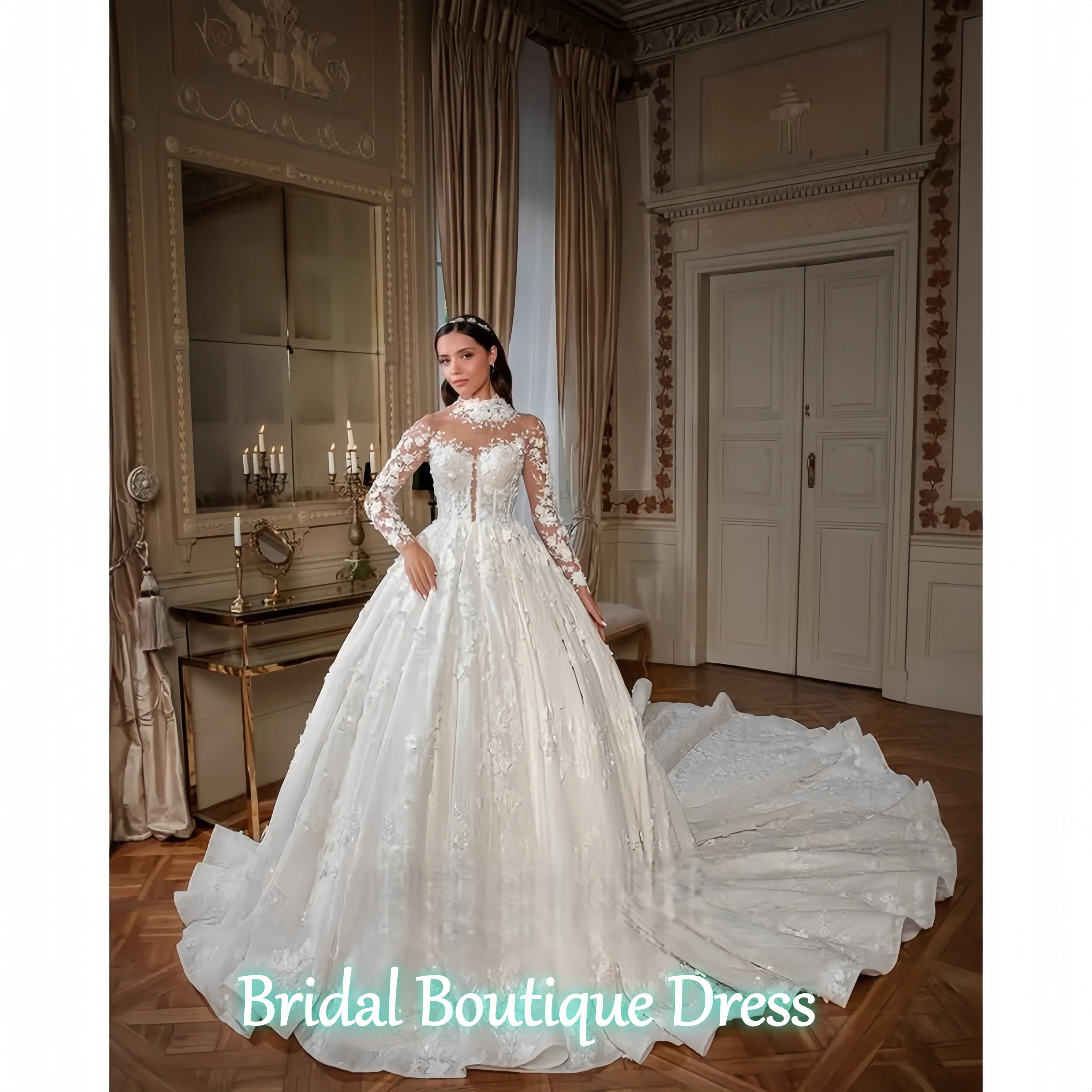 Vestido De Novia personalizado, exquisito, De manga larga, con cuello redondo, escote en forma De corazón, calcomanía De encaje, Vestido De baile nupcial, corte en A, Vestido De Novia