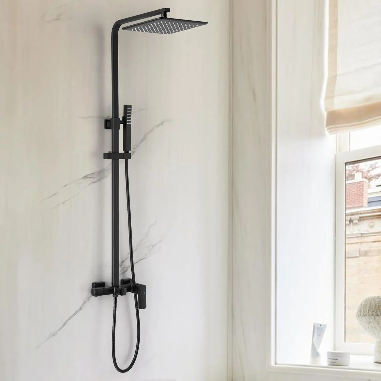 

Matte Black Exposed 3-Function Shower Faucet Set With Adjustable Height Wall Mount Rain Head & Handheld Tub Spout