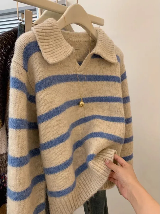 Sli ストライプニットセーター レディース Sle 2025 新作 初秋 ゆったり 高級感 ルーズフィット ロング丈トップス