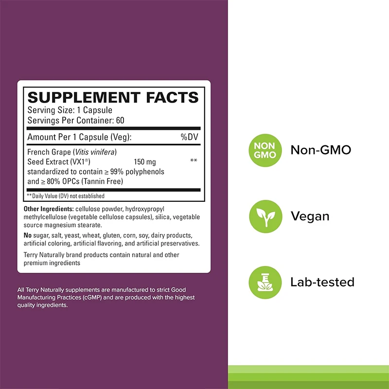 Cardiovascular Health Supplement, Dietary Supplement Containing Grape Seed Extract and Sunflower Lecithin, 60 Capsules