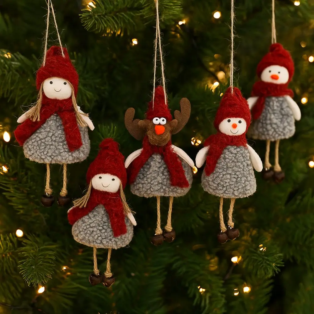 

Plush Christmas Snowman Pendant Reindeer with Bells Xmas Tree Pendants Santa Claus Girl Doll Hanging Pendant