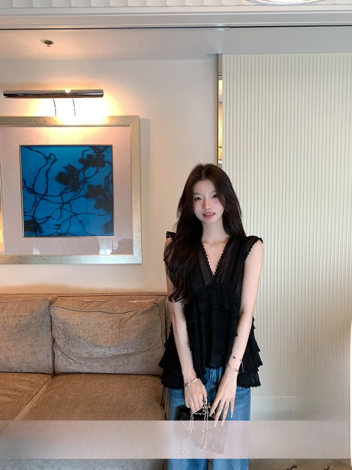 

YOLI Bla V-ne Strapl Loose Women's Top Simple Versatile Korean Sle Commute Wind Summer Season Regular Length irt