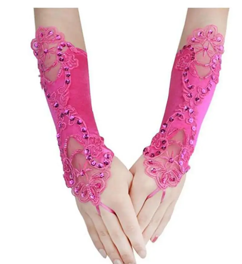 Fingerless Brocade Sewn Beaded Gloves Sparkles Lace Embroidered Wedding Party Gloves Multicolor