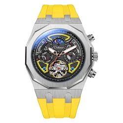 Reloj de pulsera mecánico automático para hombre, cronógrafo de Tourbillon de lujo, con correa de goma deportiva, a la moda, con fecha de fase lunar, resistente al agua