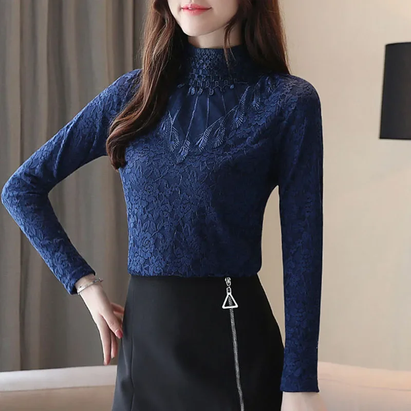 Fashion Long Sleeve Stand Collar Women Blouse Lace Adding Velvet Thickening Blouse Shirt Women Top Shirts Blusas Para Mujer M631