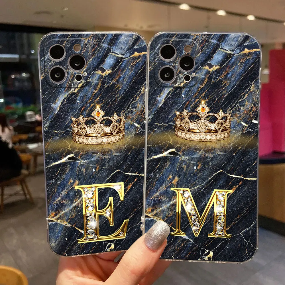 Fashion Marble Crown Initial Letter E M I J L Clear Phone Case For iPhone 15 14 11 12 13 Pro Max Mini XS XR 8 7 Plus Soft Cover