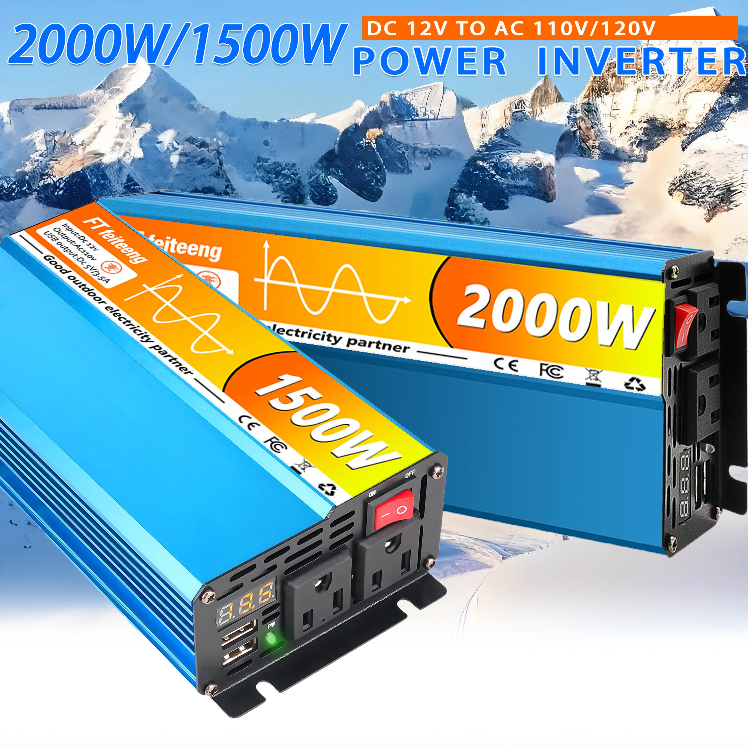 2000 واط 1500 واط موجة جيبية نقية عاكس الطاقة 12 فولت إلى 110 فولت التيار المتناوب لشاحنة RV للسيارة ، مع شاشة LED منافذ التيار المتردد المزدوج منفذ USB #1