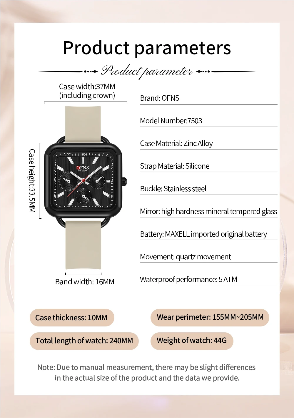 OFNS New 7503 Fashion Men's and Women's Quartz Watch Square Dial Waterproof Night Light Men's and Women's Quartz Watch