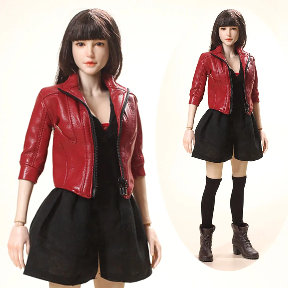 As065 1/6 Women Soldier Leather Jacket Dress Boots Punk Motorcycle Girls Trend Suit Accessory For 12 Inches Action Figure Body