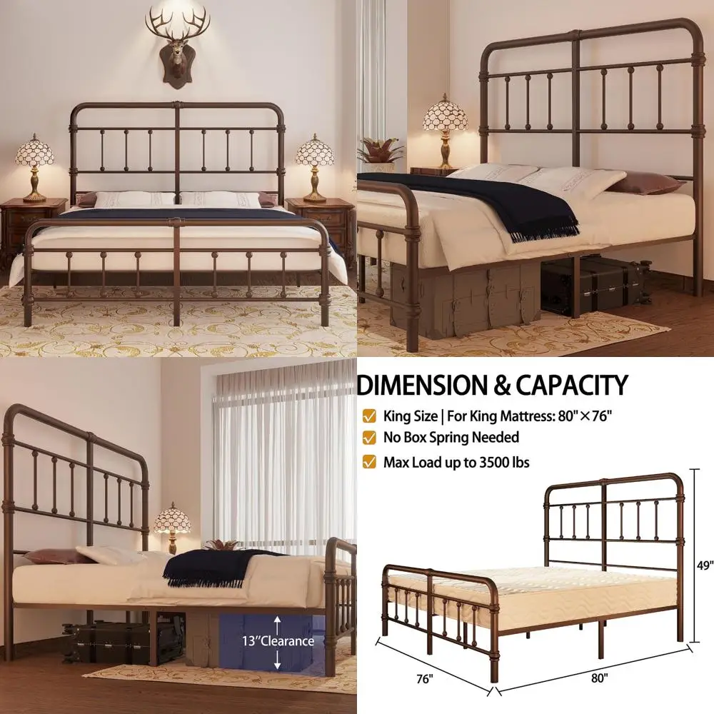 

Vintage Metal Iron Platform Mattress Foundation with Giselle Antique Style Bed Frame and Headboard, 49 Inches Tall, No Box Sprin