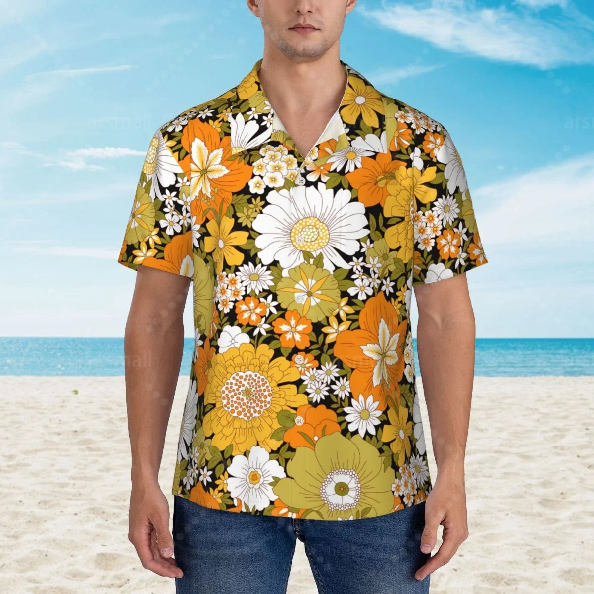 

Colorful Boho Floral Bright Blossoms Print Hawaiian Shirt Men Short Sleeve Casual Floral Print Beach Shirt Summer Vacation Shirt