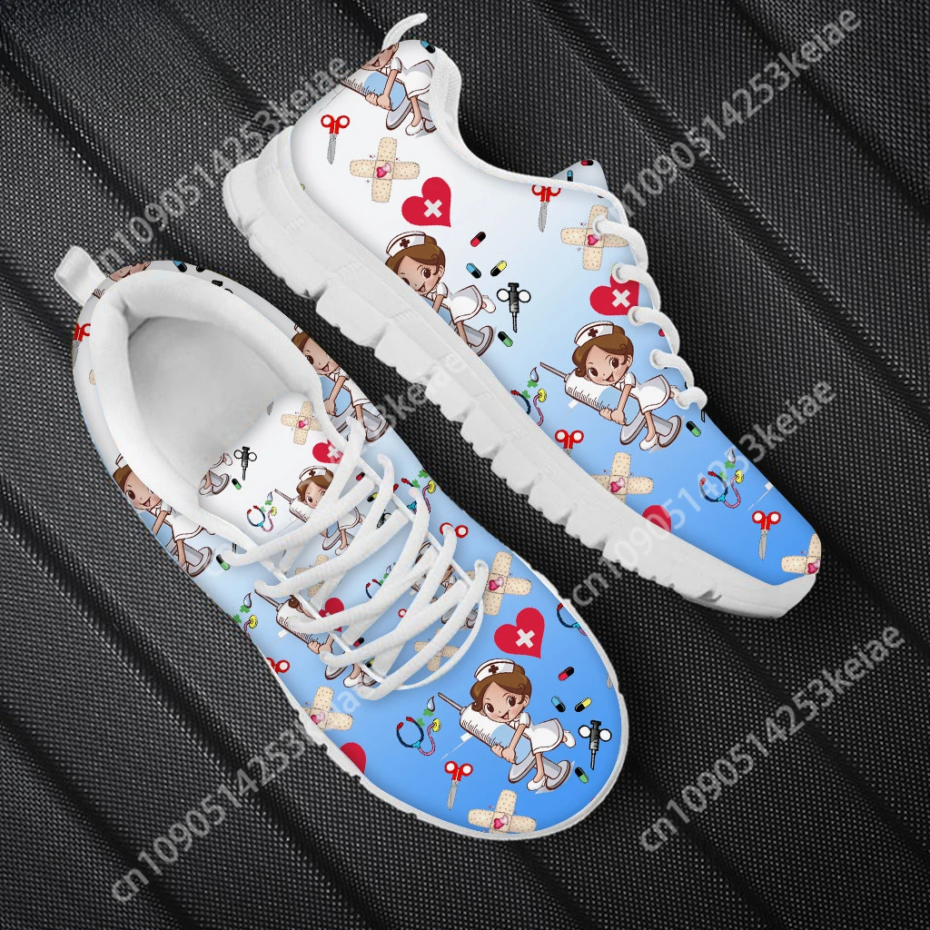 Custom Brand Design Nursing Shoes for Women Cartoon Nurse Doctor Pattern Lace Up Outdoor Walk Sneaker Ladies Hospital Work