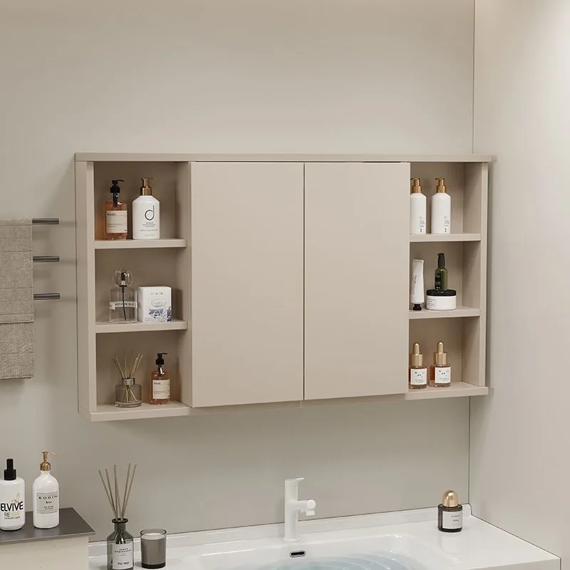 Intelligent separate folding bathroom cream bathroom multi-layer solid wood hidden smart mirror cabinet clamshell