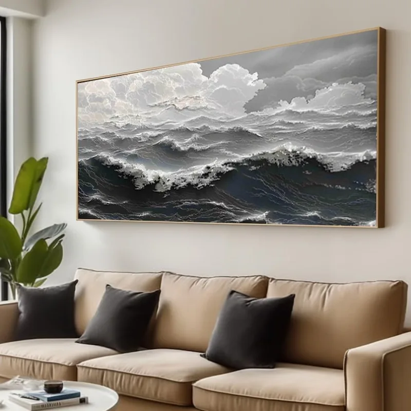 100% Hand Original Ocean Wave Oil Painting, Frameless Abstract Textured Seascape Wall Art for Living Room and Hotel Decortive