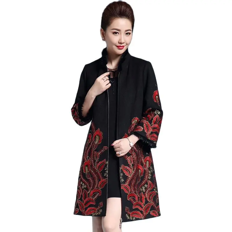 

Women Jacquard Coat Ethnic Chinese Traditional National Embroidery Cloak Hot Lining Thick Warm Stand Collar Winter Long Oversize