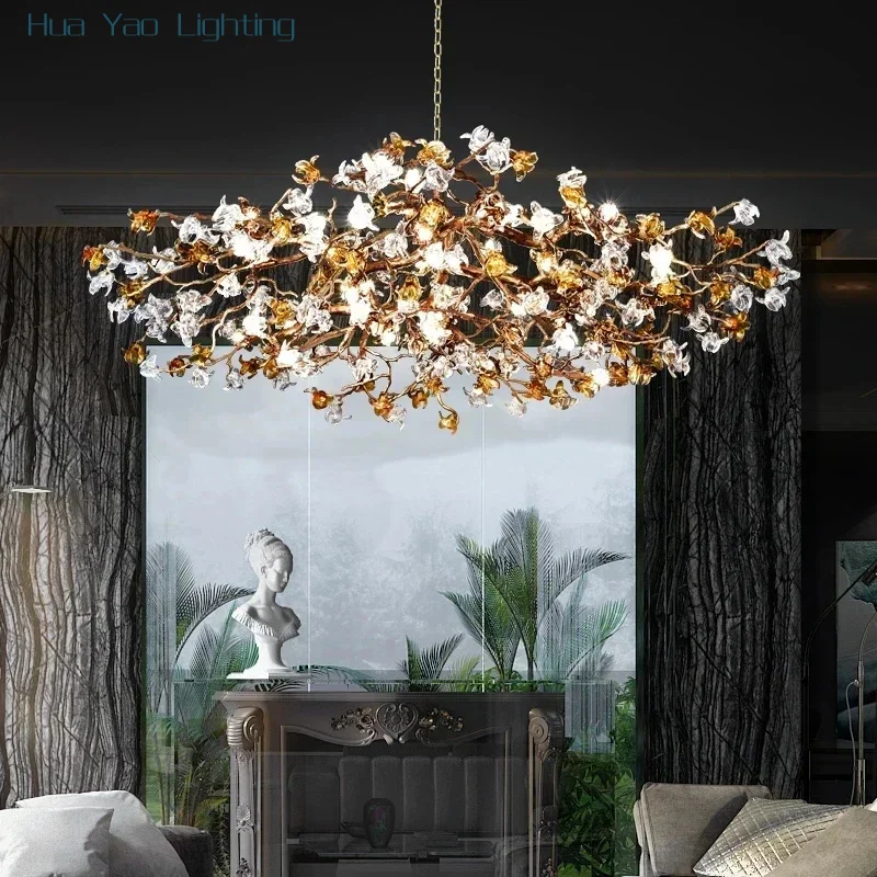Chinese Style Vintage Creativity Copper Flower Led Light Dining Kitchen Chandelier Living Room Decoration Home Appliance Lamp