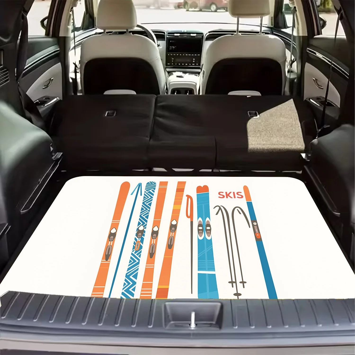 1pc Ski-Themed Car Trunk Liner Compatible For Winter Enthusiasts - Fit Ski Board & Pole Design,, Vehicle Interior Accessory For