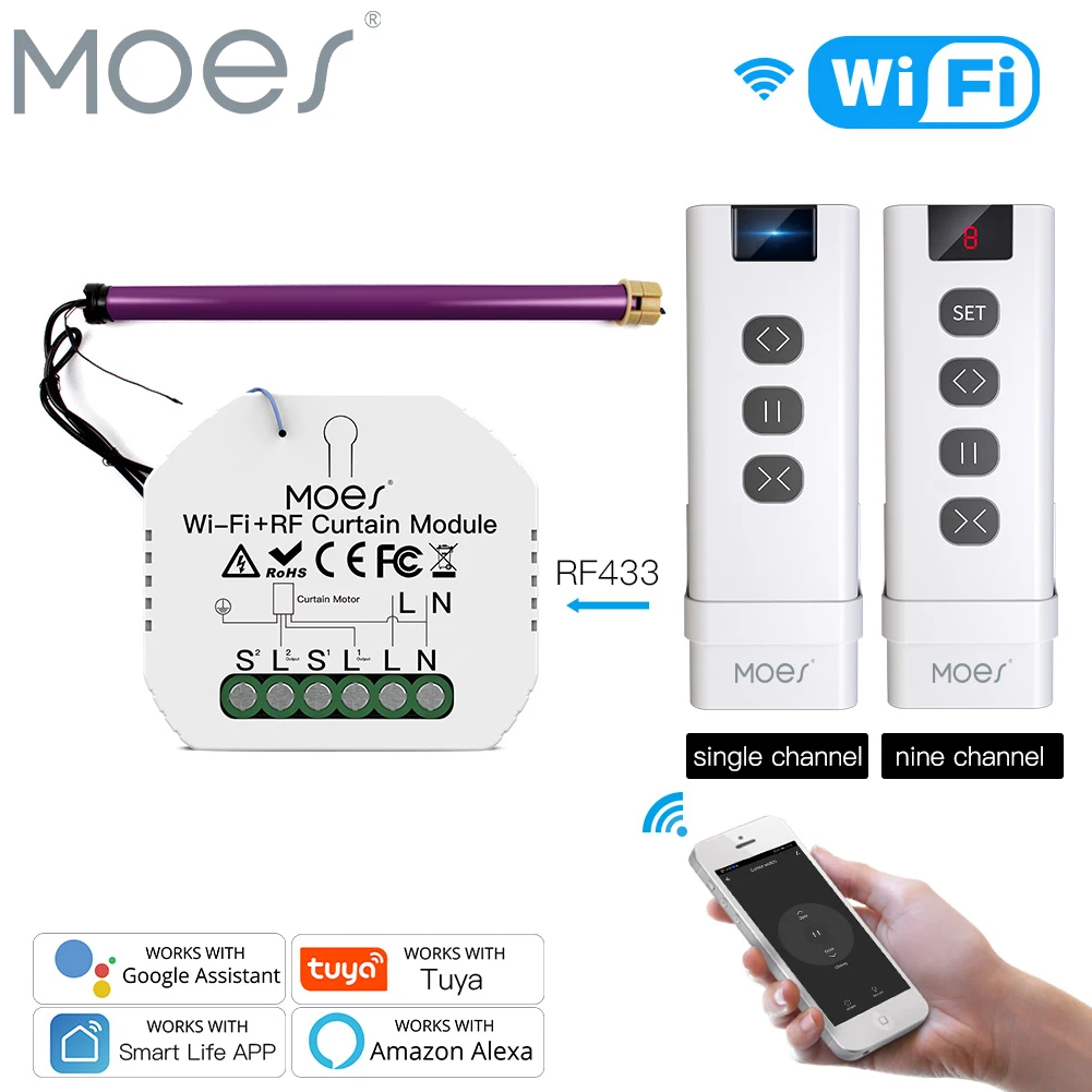 MOES WiFi RF433 Blind Curtain Switch Remote for Electric Roller Shutter control module Tuya Smart Life Google Home Alexa Voice