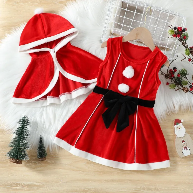 2026 Christmas Baby Girls Cute Red Hooded Cape Bow Vest Skirt Two-Piece Set Festival Theme Party Role Playing Outfits