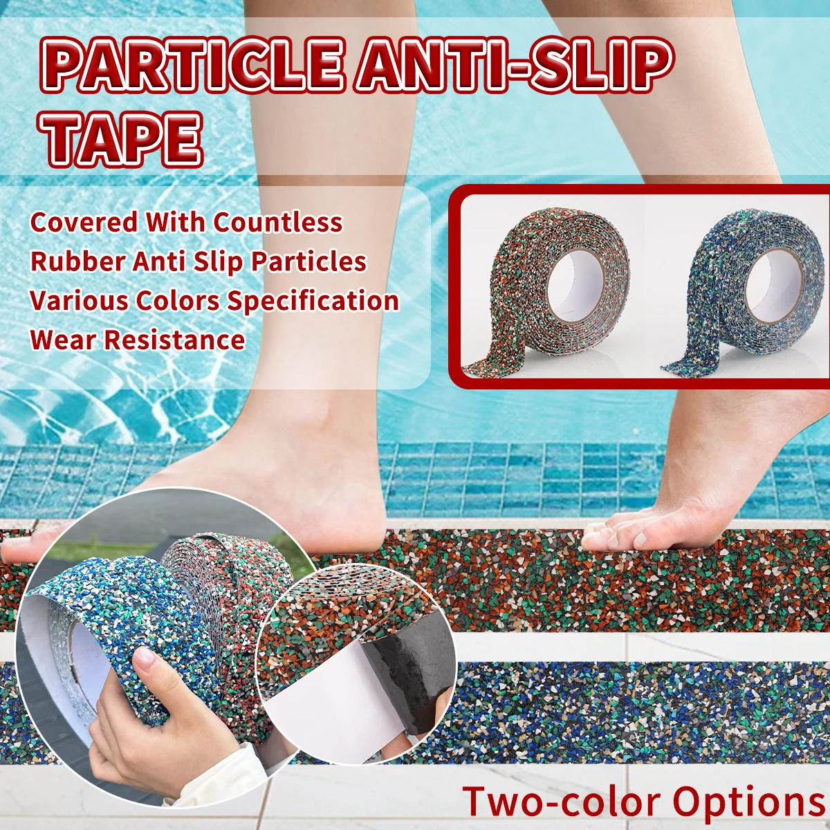1Roll Anti Slip Rubber Tape Stairs Mixed Red/Blue Rubber Grip for Safety Traction Used Anti Slip of Stairs Floors Swimming Pools
