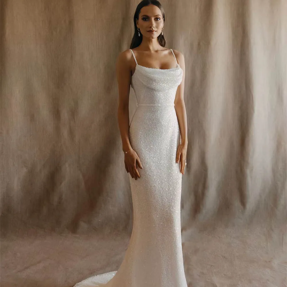 Customized Sparkly Wedding Dress For Woman Bride Featuring Sheath Silhouette with Spaghetti Straps Sequins Perfect Bridal Gown
