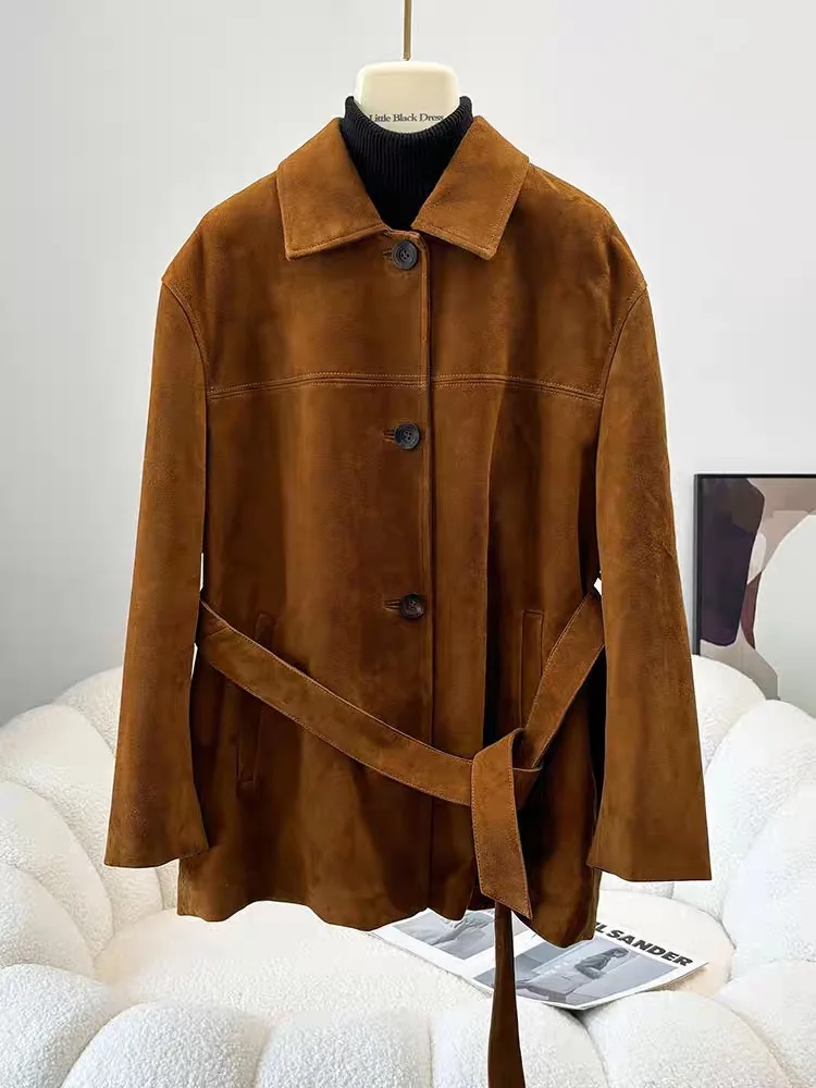 Giacca in pelle scamosciata per bambini retrò di fascia alta per donna Cappotto lungo monopetto con collo quadrato ramato con cinturino Capispalla femminile