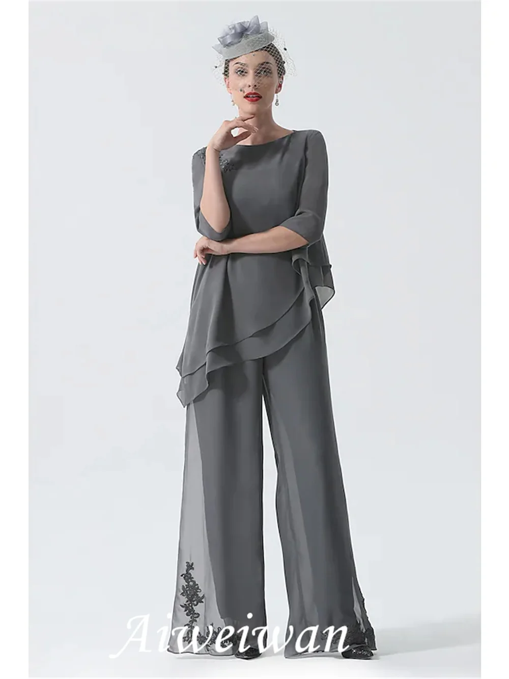 Pantsuit Mother of the Bride Dress Plus Size Jewel Neck Floor Length Chiffon 3/4 Length Sleeve with Draping