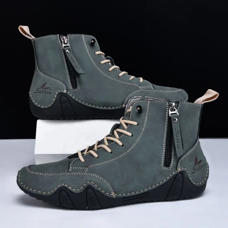 Handmade Men Shoes Side Zip Fashion Ankle Boots Breathable Comfortable High Top Casual Shoes Retro Leather Men Sneaker Mew 2026