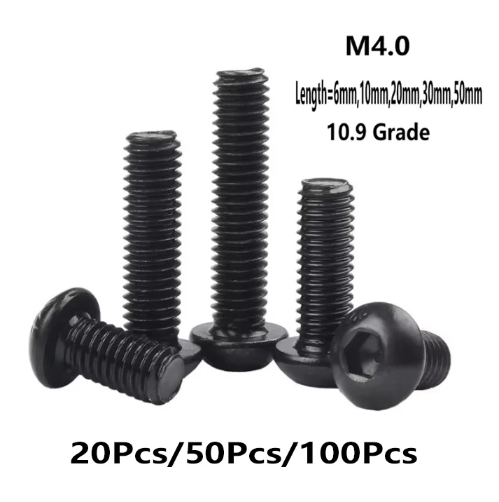 20/50/100 Pcs M4 Black 10.9 Alloy Steel Bolt Hex Hexagon Socket Round Pan Button Head Allen Bolt Furniture Screw